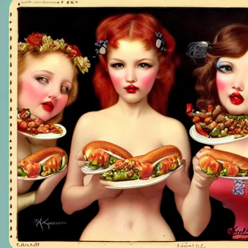 Image similar to closeup of 3 girlfriends, hot dogs and yogurt is a messy eating contest, wlop, elvgren, mucha, mark ryden