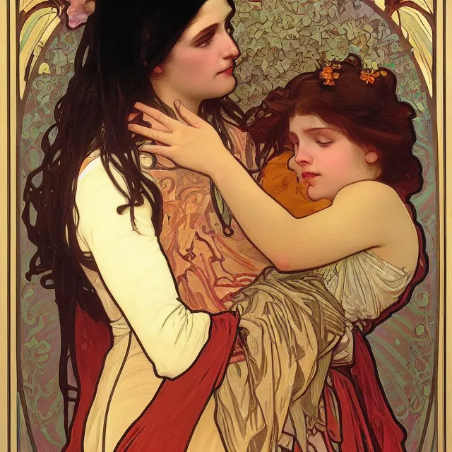 Image similar to an aesthetic! detailed portrait of an aesthetic woman crying mournfully while holding a child, by alphonse mucha, oil on canvas, bright colors, art nouveau, epic composition, dungeons and dragons fantasy art, hd, god - rays, ray - tracing, crisp contour - lines, huhd - 8 k