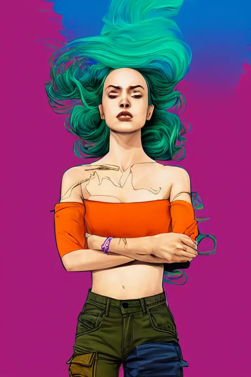 Image similar to a award winning half body portrait of a beautiful caucasian woman in a croptop and cargo pants with ombre orange blue teal hairstyle with head in motion and hair flying by martine johanna and will eisner, outrun, vaporware, digital art, trending on artstation, highly detailed, fine detail, intricate