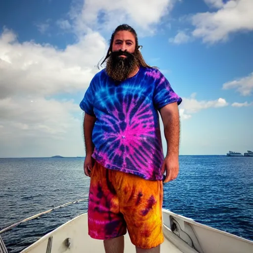 Prompt: Large man with a beard and a manbun, wearing tie dye shirt, standing at the helm of a ship while smoking in the style of one piece