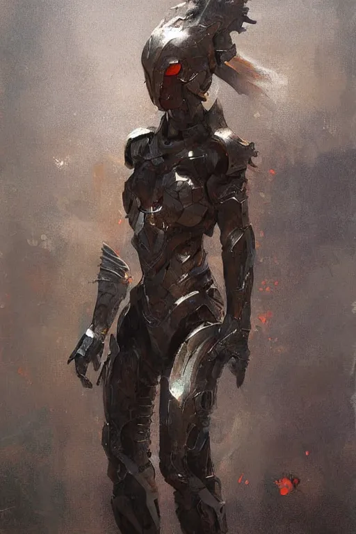 Image similar to full body girl metal armor painting by greg rutkowski