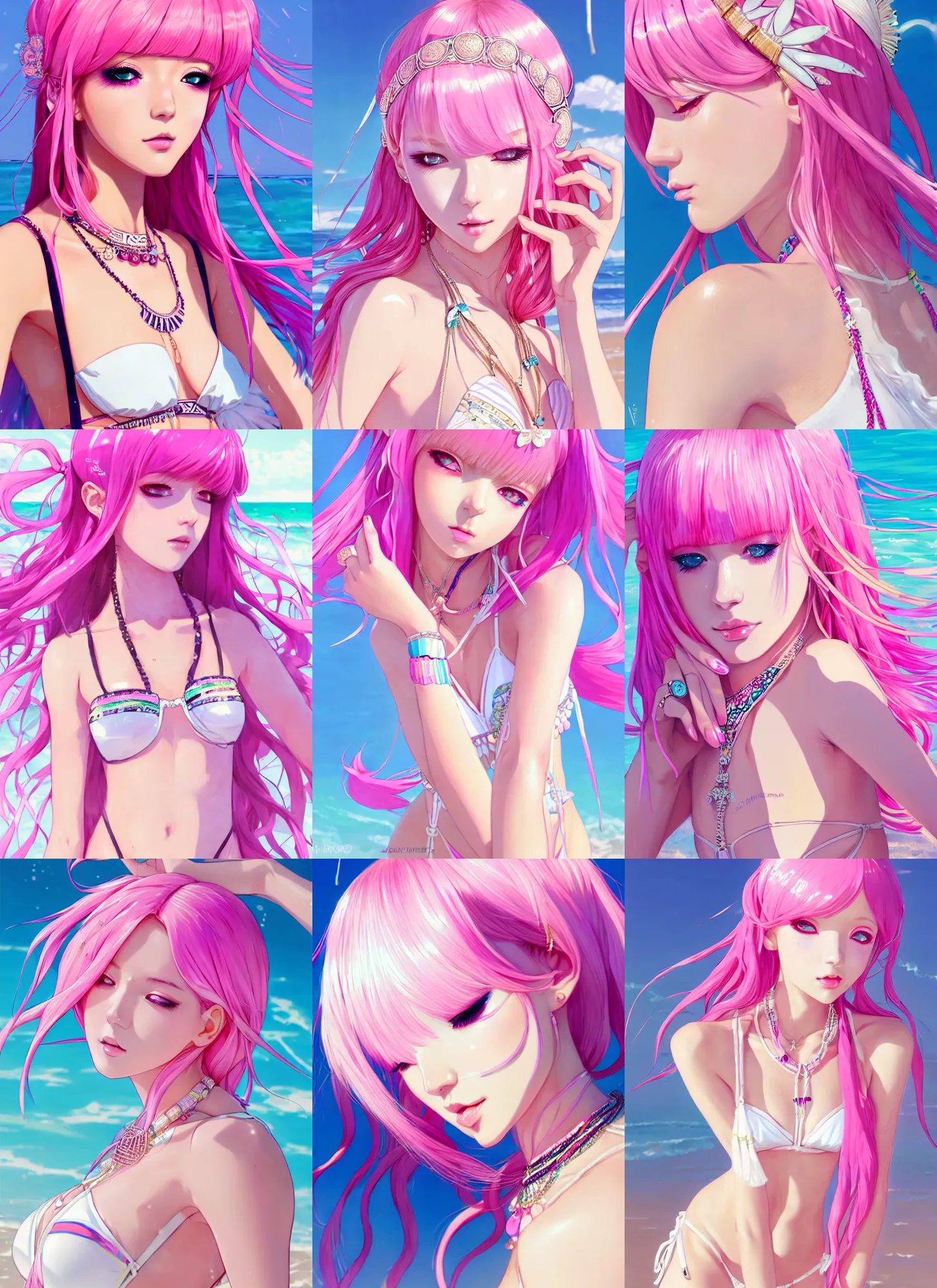 Prompt: portrait of a beautiful girl with pink hair with boho accessories, in white reflective bikini at beach, glossy, elegant, symmetry face, top lighting, anime style, highly detailed, seraphine ahri kda, art by hidari and krenz and wenjun lin and starember and kuvshinov ilya and kidmo and rossdraws and artgerm