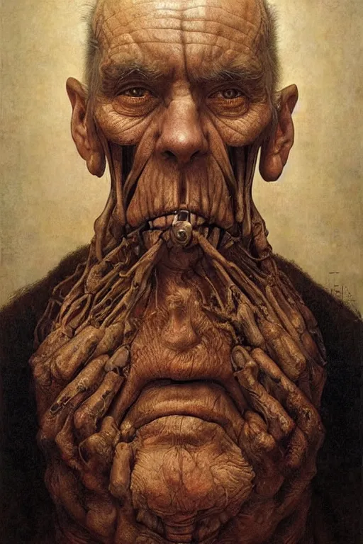 Prompt: beautiful clean oil painting biomechanical portrait of old man face by dino valls, wayne barlowe, rembrandt, complex, stunning, realistic, skin color