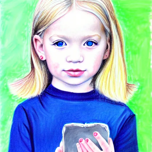 Image similar to 4 year old blonde girl with iphone colored pencil on white background by eloise wilkin