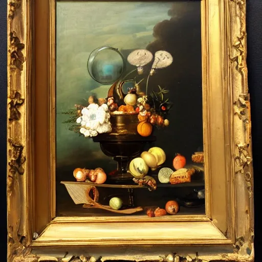 Image similar to gravity bong in still life. dutch masters, 1 8 th century. oil on canvas