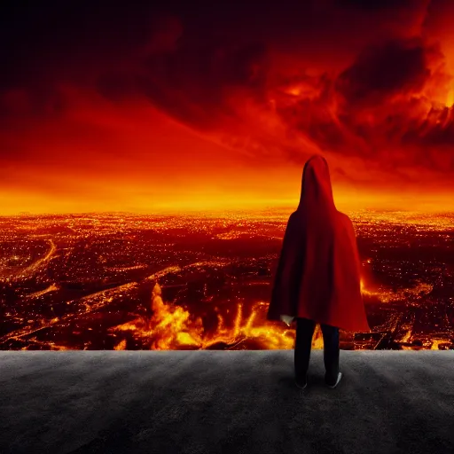 Image similar to Red grim reaper watching over a city in flames, yellow sky, 8k resolution