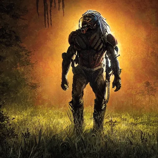 Prompt: the predator hunting a cowboy in the Louisiana bayou at night, video game concept art, highly detailed