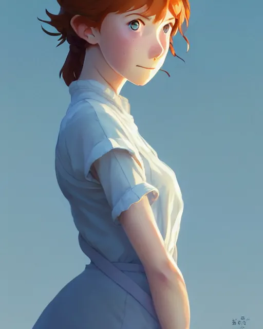 Prompt: young southern woman, freckle, ginger hair, sad cerulean eyes, simple cream dress, detailed perfect face, exquisite details, fire magic, mid view, design on a white background, by studio muti, greg rutkowski makoto shinkai takashi takeuchi studio ghibli