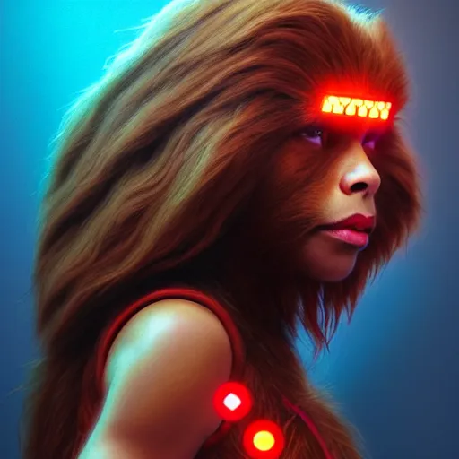 Image similar to beautiful female chewbacca as darna, volumetric lights, red and cyan theme, art nouveau botanicals, intricate, highly detailed, digital painting, artstation, concept art, smooth, sharp focus, cinematic, illustration, beautiful face, art by artgerm and greg rutkowski and alphonse mucha