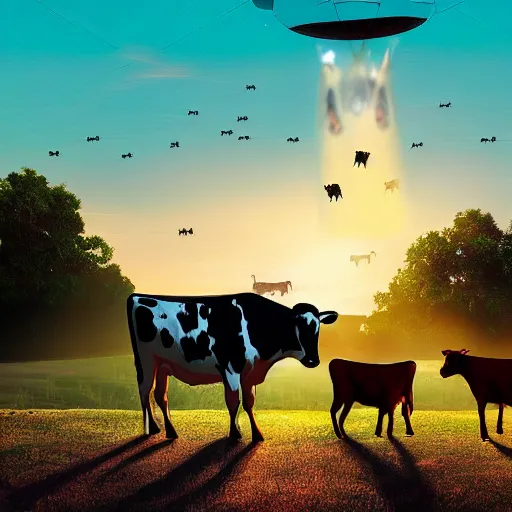 Image similar to cow being abducted by aliens in the sunset while his friends watch, contemporary