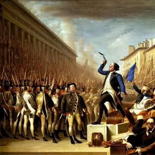 Image similar to François Hollande leads the French Revolution (1789), oil on canvas, 1882. Epic, grandiose, scale