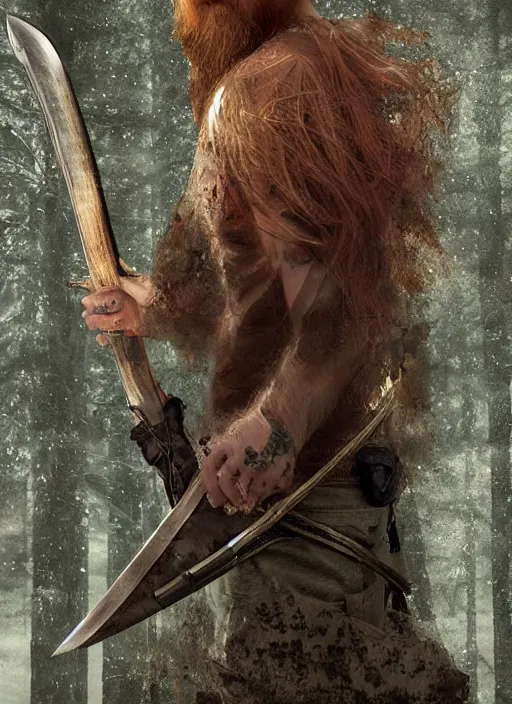 Image similar to grungy redhead 30-something scruffy bearded shoulder-length hair swordsman holding a short curved sword in a ultradetailed pacific northwest redcedar forest, smooth. sharp focus, grunge dingy high quality digital art detailed,