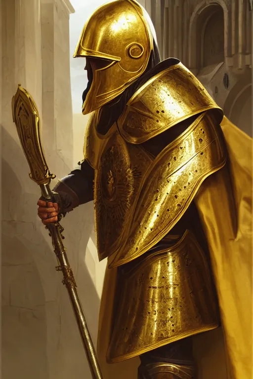 Prompt: man looking forward in decorated with gold baroque style christian crusader armor, helmet hiding all his face and white cape standing at the gates of jerusalem drawn by greg rutkowski realistic high detail