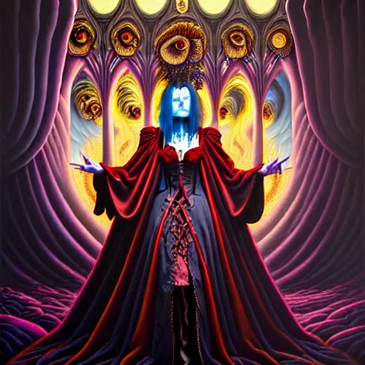 Image similar to beautiful oil painting, full length vampire in baroque coronation robes 1 7 0 1, dan mumford, dan mumford, alex grey, hyacinthe rigaurd, highly detailed, lsd visuals, dmt fractal patterns, visionary art, psychedelic art, ornate, vaporwave, baroque, greg rutkowski