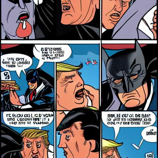 Image similar to Batman eating pizza, with Donald Trump