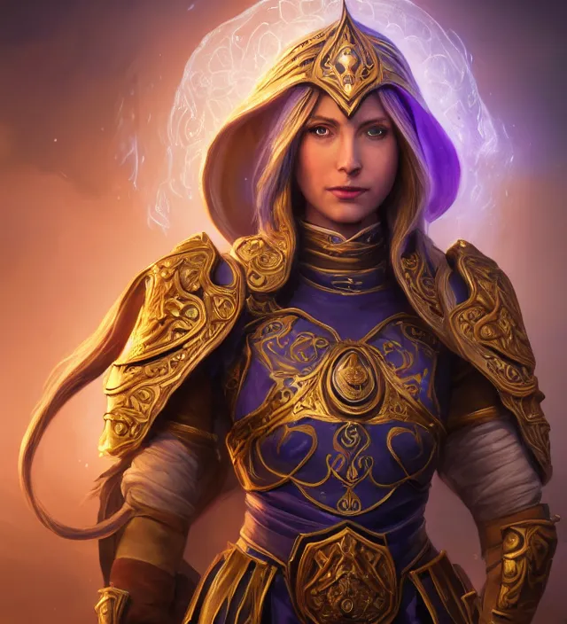 Image similar to Jaina Proudmore portrait, intricate arcane armor, glowing magical runes and esoteric symbols, subject in the middle of the frame, rule of thirds, golden ratio, elegant, digital painting, octane 4k render, zbrush, hyperrealistic, artstation, concept art, smooth, sharp focus, illustration from Warcraft by Ruan Jia and Mandy Jurgens and Artgerm and William-Adolphe Bouguerea