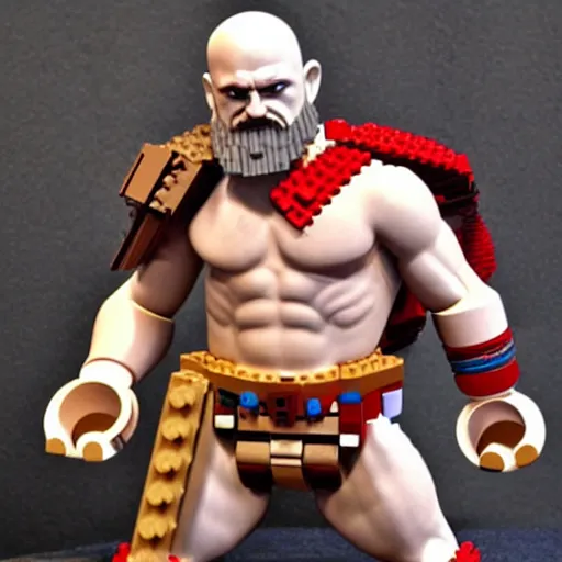 Image similar to kratos from god of war playing with a lego set