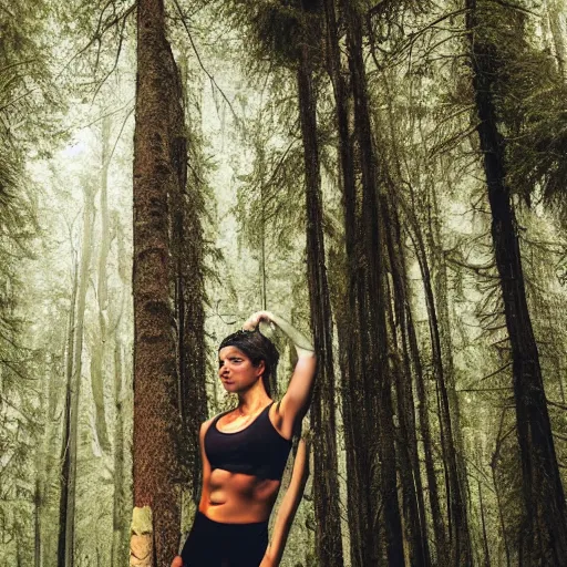 Prompt: fit man and beautiful woman, forest background, frida castelli