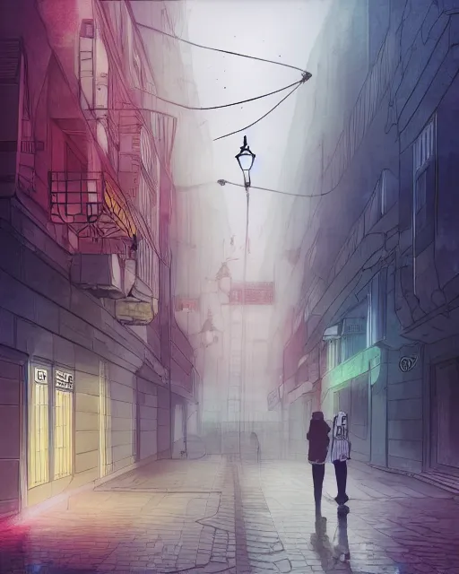 Prompt: a foggy day in London town, lofi art, anime key visual