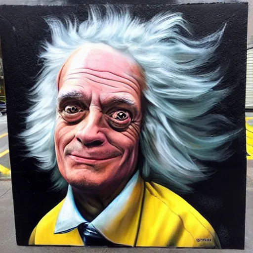 Image similar to Street-art portrait of Emmett Brown in style of Etam Cru