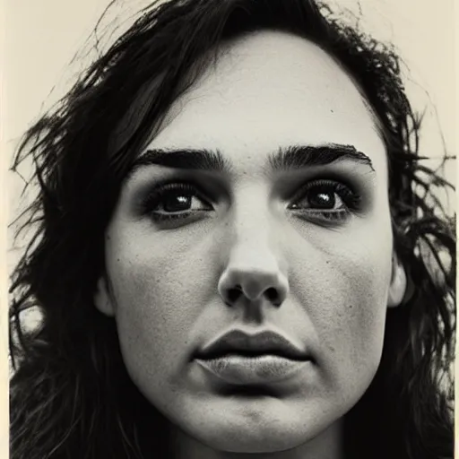 Prompt: photo of Gal Gadot by Diane Arbus, extreme closeup, black and white, high contrast, macro lens