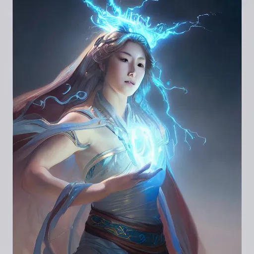 Image similar to Japanese lightning goddess, D&D, highly detailed, digital painting, artstation, concept art, sharp focus, illustration, cinematic lighting, art by artgerm and greg rutkowski and alphonse mucha