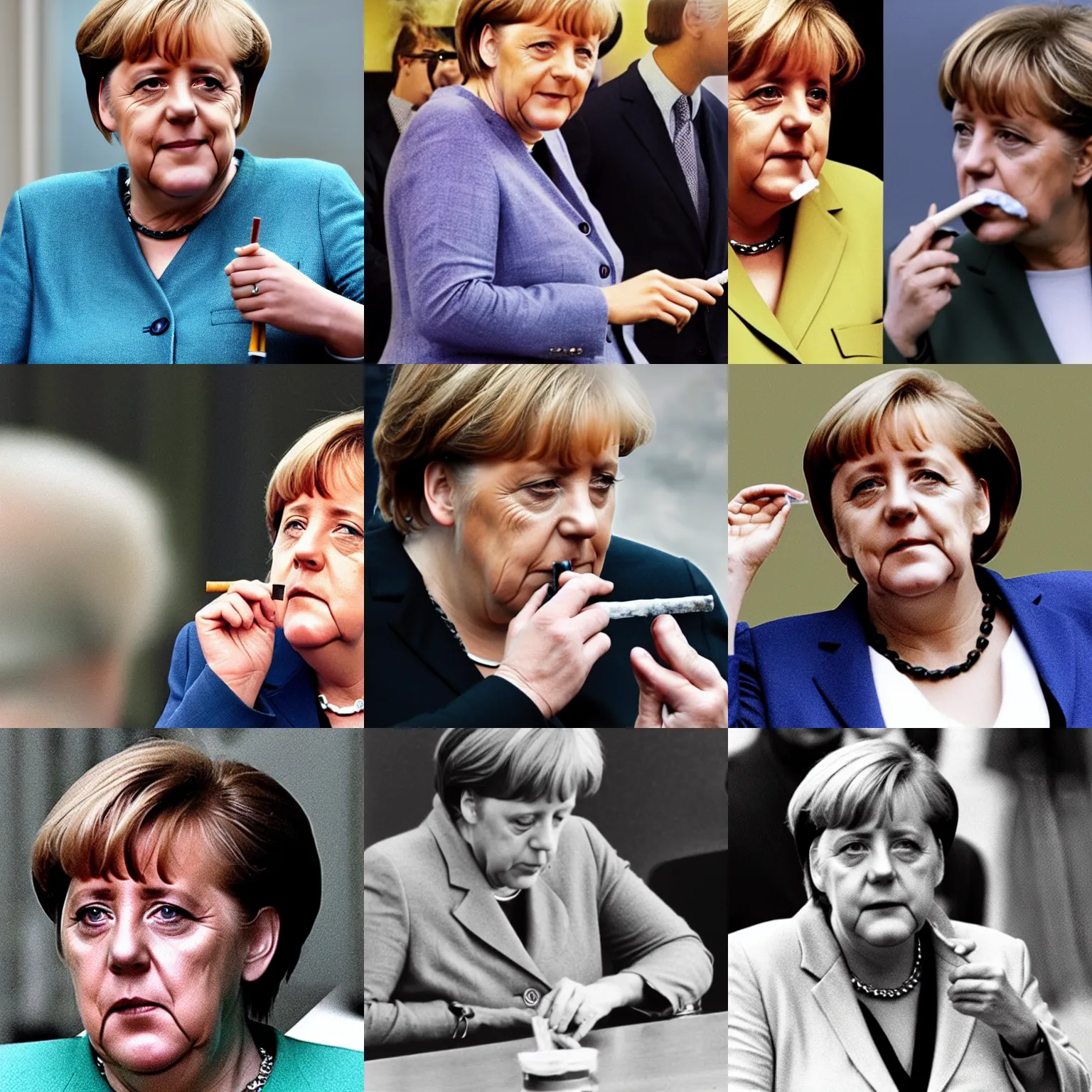 Prompt: Angela Merkel smoking Leberkäse