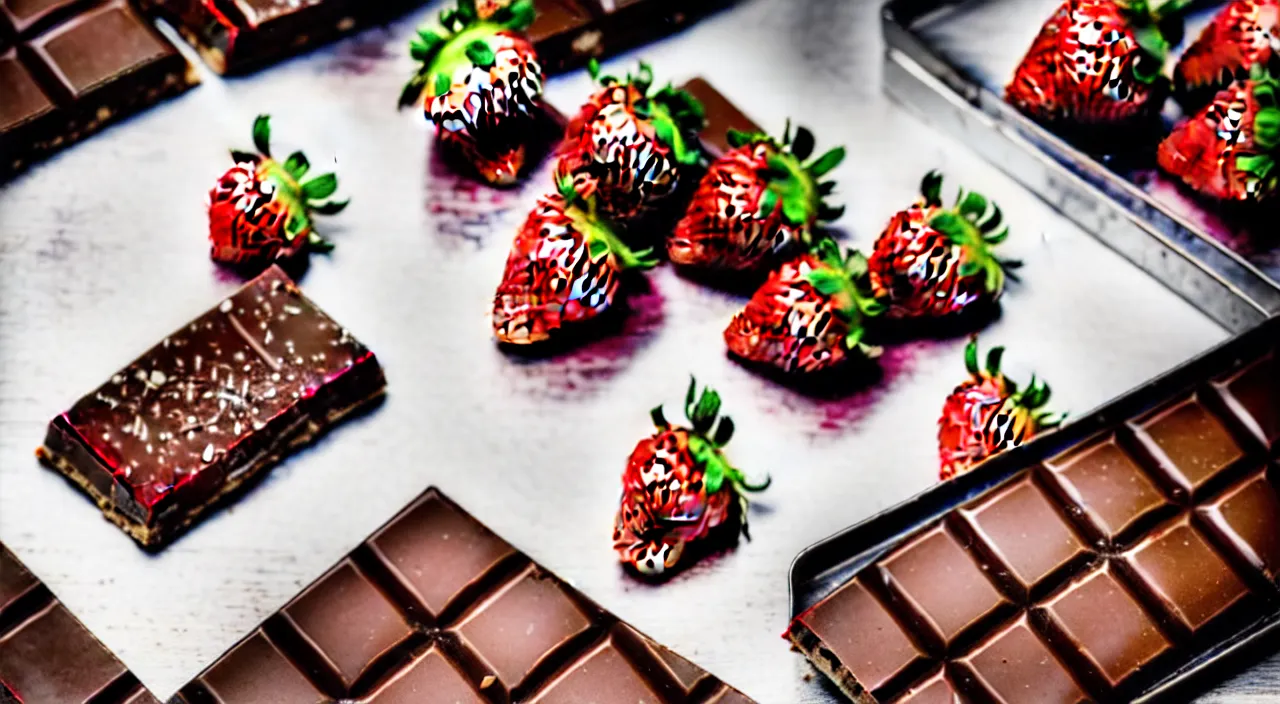 Prompt: A fancy chocolate bar with a piece broken off, on an opened silver wrapper, next to sliced strawberries, on a wooden tray, macro lens product photo
