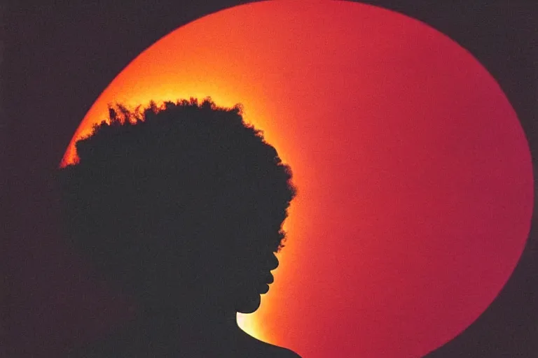 Image similar to a silhouette of a woman with a sun halo on her head, an album cover by carrie mae weems, trending on pinterest, afrofuturism, chiaroscuro, studio lighting, dramatic lighting