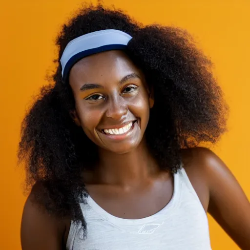 Image similar to portrait of 2 0 - year - old girl with dark skin and dark frizzy hair, wearing a tennis visor, smiling at camera, realistic photo, bright background