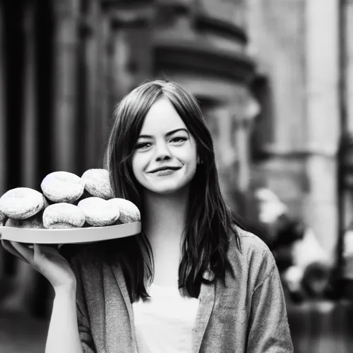 Image similar to photo of cute teenage emma stone, freckles, holding bunch of donuts, street of moscow, shallow depth of field, cinematic, 8 0 mm, f 1. 8