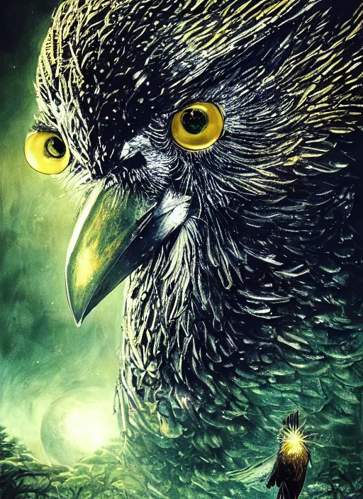Image similar to best book cover design, glowing silver and golden elements, full close-up portrait of realistic crow with gems, book cover, green forest, white moon, establishing shot, extremly high detail, photo-realistic, cinematic lighting, by Yoshitaka Amano, Ruan Jia, Kentaro Miura, Artgerm, post processed, concept art, artstation, matte painting, style by eddie mendoza, raphael lacoste, alex ross
