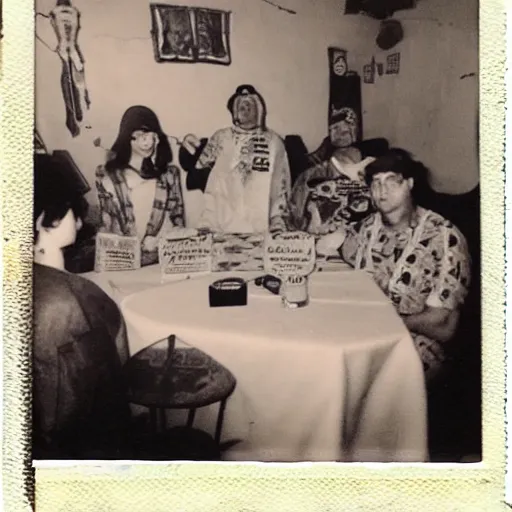 Prompt: occult meeting in a pizza restaurant Polaroid photo