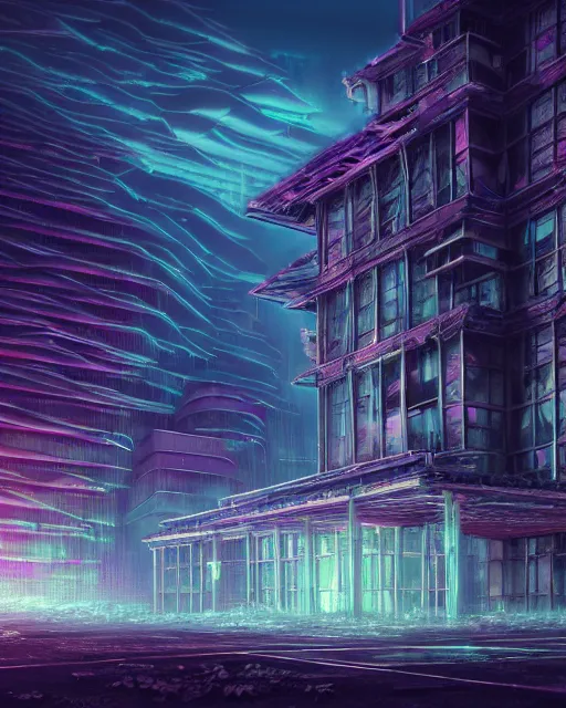 Prompt: a beautiful very detailed render of unfinished building architecture abandoned urbex nature spirit realm by noah bradley, morning sun retrowave tundra darkacademia atlantis sea heavy rain nature vaporwave anime crystal magic realism futuristic water neon noir tokyo scumm bar steampunk earth, archdaily, wallpaper, highly detailed, trending on artstation.