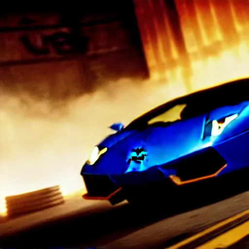 Image similar to A cinematic film still of a Lamborghini in the movie Blade Runner: 2049.