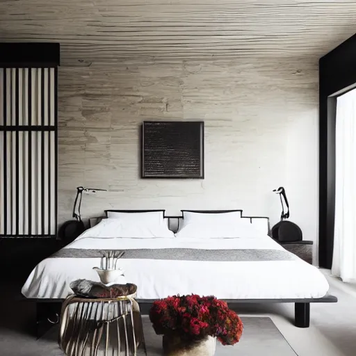 Prompt: bedroom, stone, interior design, stylish luxury hotel bedroom design, yakisugi, black vertical slatted timber, textures, feminine, black walls, art, vase with flowers, Japanese influences