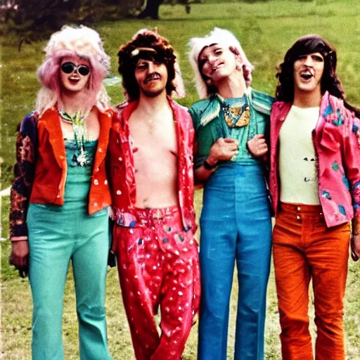 Image similar to 1 9 6 0 s photograph of a group of mixed gender hippies wearing peppermint themed outfits