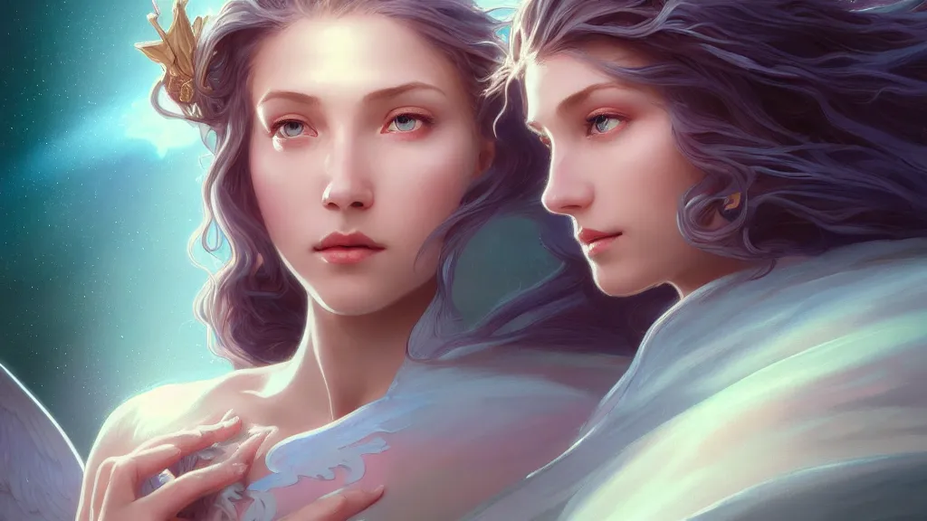 Image similar to one angel, big wings, low key light, full plate armor with cloth, f 1 6, bokeh, extreme close up portrait, gentle, female, mountain, storm, god rays, landscape, d & d, fantasy, elegant, teal pink white gold color palette, concept art, artgerm and greg rutkowski and alphonse mucha