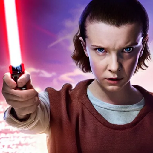 Image similar to a still of eleven from stranger things in star wars: revenge of the sith, holding an activated lightsaber