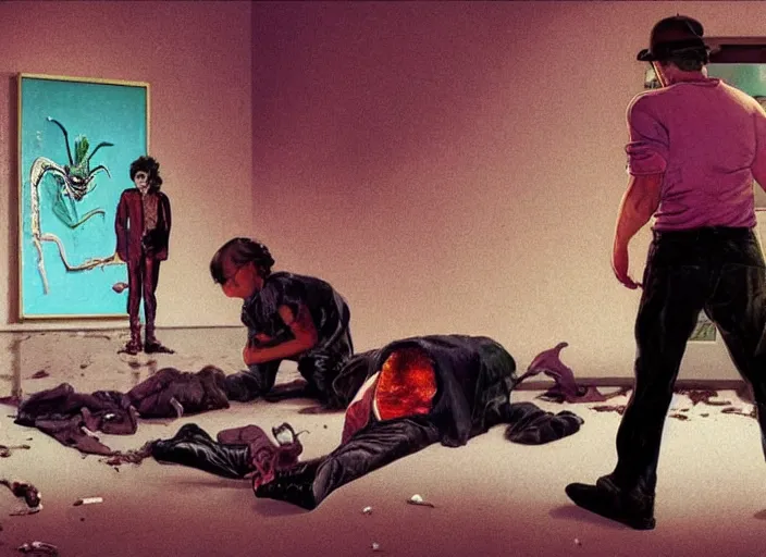 Prompt: a still from gta and the tv series freaks and geeks by francis bacon, surreal, norman rockwell and james jean, greg hildebrandt, triadic color scheme, by greg rutkowski, in the style of francis bacon and edward hopper and beksinski, dark surrealism, grand theft auto video game, a still from the film alien