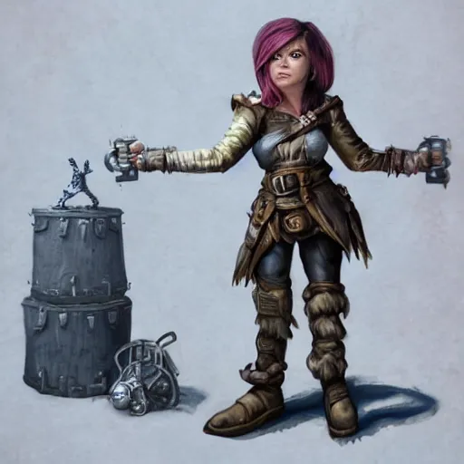 Image similar to realistic full body portrait of a real-life scrappy female gnome engineer with pixie undercut hair, one of her arms is a prosthetic metal thunder gauntlet, standing on a ship deck, thunder fantasy magic, naval background, D&D, highly detailed, digital painting, HD, trending on ArtStation, dark fantasy, great composition, concept art, matte, sharp focus, illustration, by Greg Rutkowski