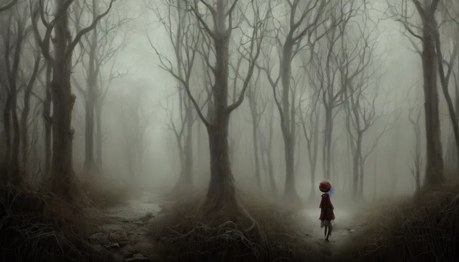 Prompt: a lonely dollpunk walking in a eerie foggy forest, detailed, omnious atmosphere, symmetry body features, award winning, by Tom Bagshaw