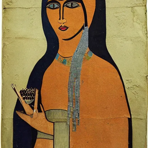 Prompt: sumerian mural of mona liza