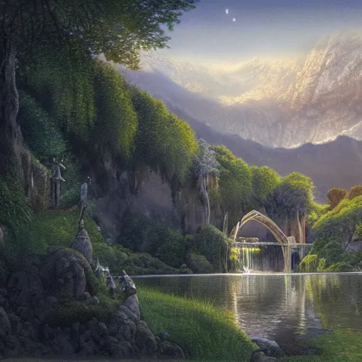 Image similar to Rivendell in the evening, detailed matte painting, Alan Lee, Artstation