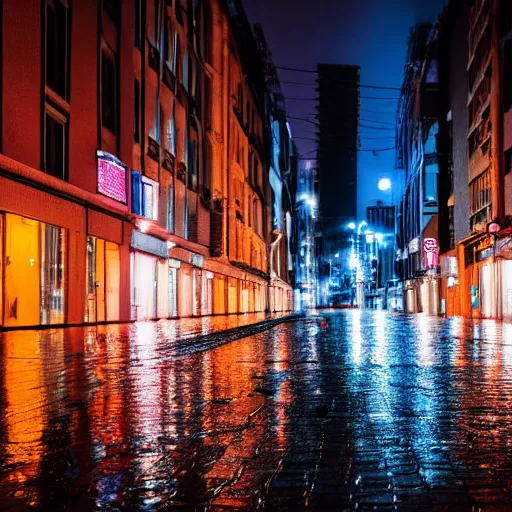 Prompt: a city street at night, raining, photograph