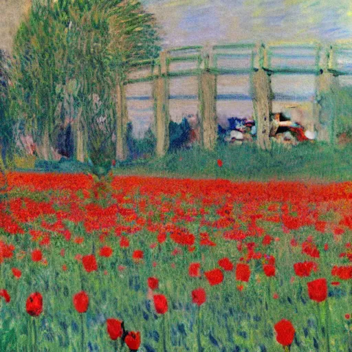 Image similar to Monet painting of Spiderman in a field of roses and tulips, back turned