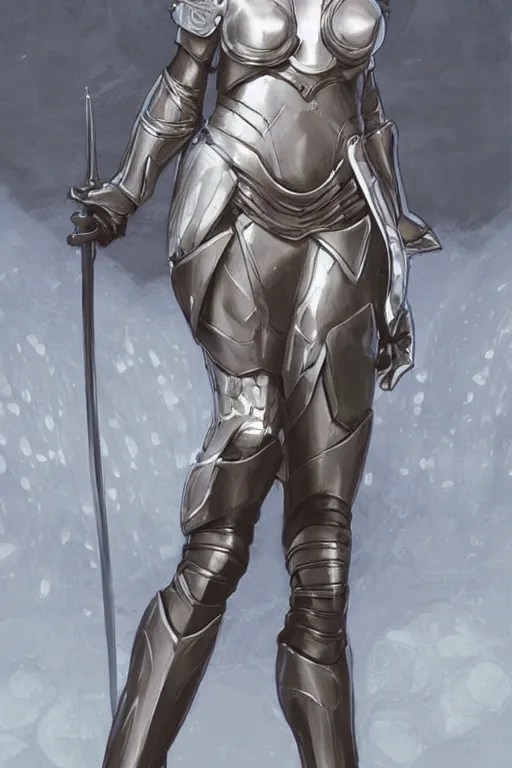 Prompt: fantasy female knight design with light armor, minimal design, practical, elegant, good shapes, semi realistic, concept art, digital illustration, by alphonse mucha, artgerm