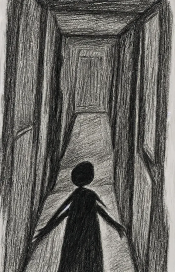 Prompt: drawing made by a child of a demonic fully black shadowy entity in a hallway, crayon drawing, drawn by child