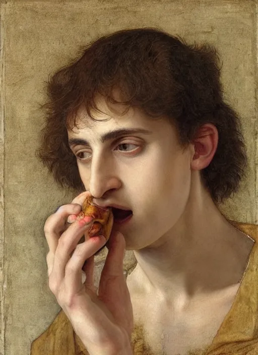 Image similar to (((( a painting of a Timothee Chalamet EATING an BANANA, a character portrait by Dürer, behance, pre-raphaelitism, da vinci,y pre-raphaelite, detailed painting“