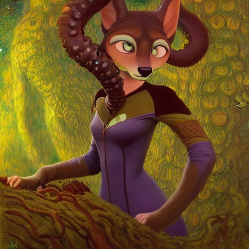 Prompt: a portrait of a female tentacle monster in starfleet uniform at night in a dark forest. zootopia fursona furaffinity furry art detailed face painting by gaston bussiere craig mullins jc leyendecker gustav klimt artgerm greg rutkowski furry